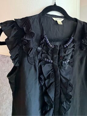 Jazmin Chebar Black Ruffle Beaded Sleeveless Blouse